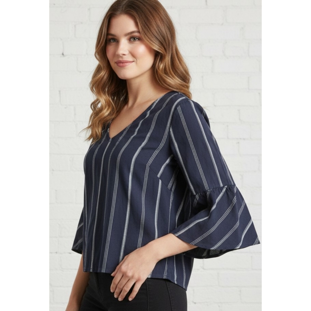 Tommy Hilfiger Double Vneck Back Tie Striped Top Navy & White Size M